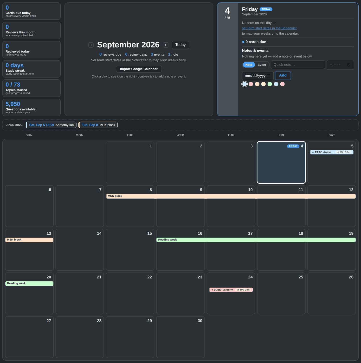 Astrocram study calendar showing the month with term and week tags on every day, due flashcard counts with deck names, a note and a timed event, and the selected day's panel listing the week's topics