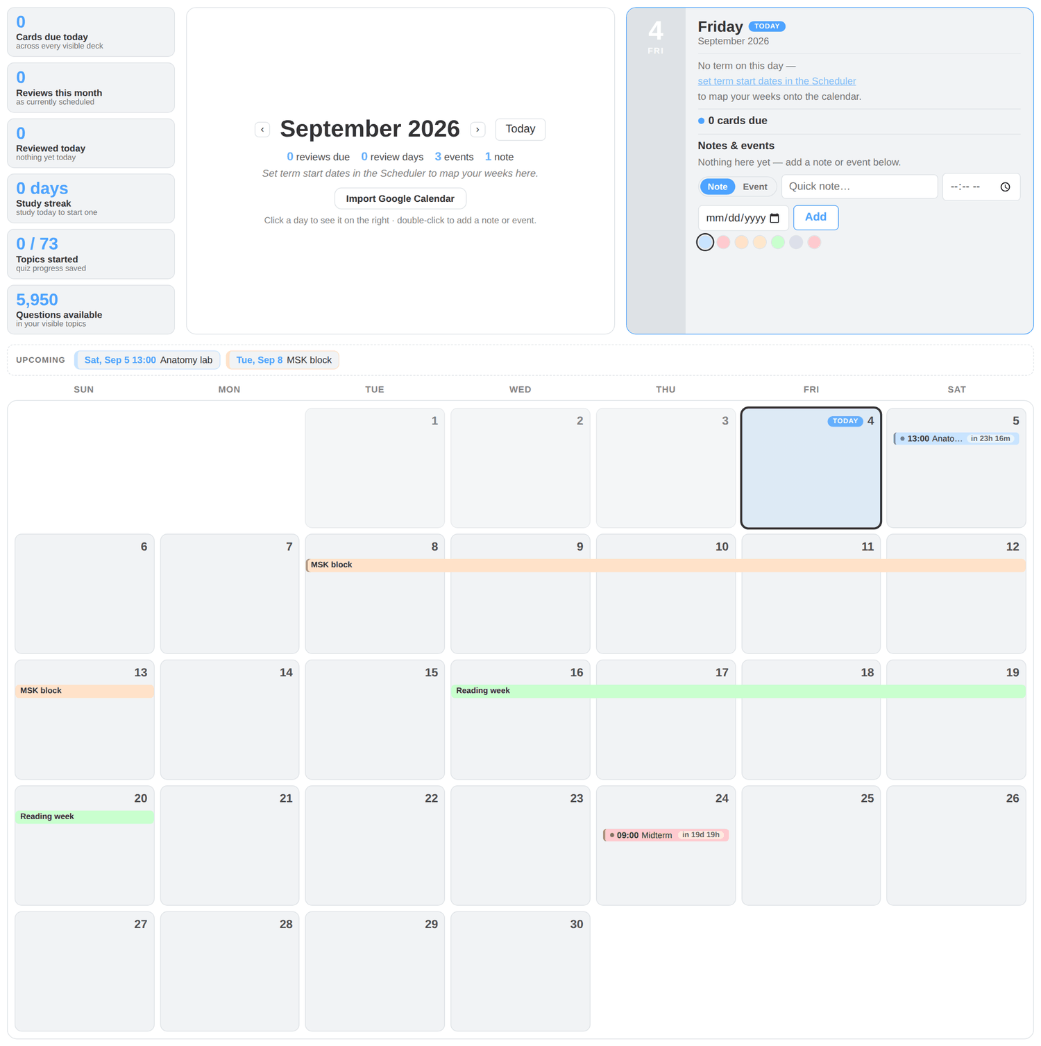 Astrocram study calendar showing the month with term and week tags on every day, due flashcard counts with deck names, a note and a timed event, and the selected day's panel listing the week's topics