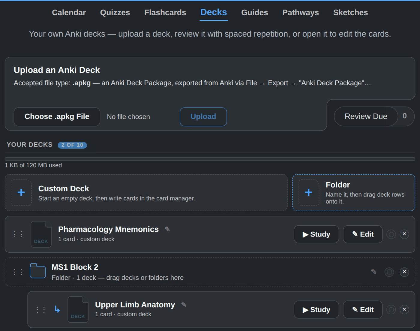 The Decks page with an Anki deck upload box, custom decks organized into a folder, Study and Edit buttons on each deck, and a sidebar showing deck cards due today