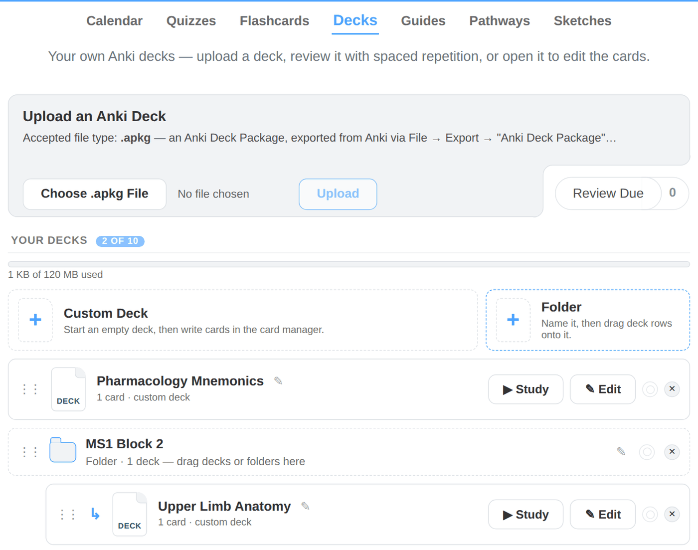 The Decks page with an Anki deck upload box, custom decks organized into a folder, Study and Edit buttons on each deck, and a sidebar showing deck cards due today