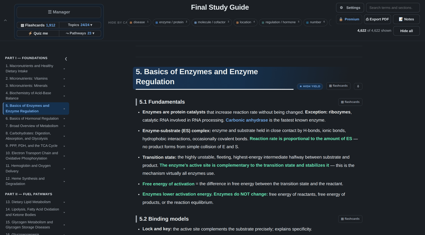 An interactive Astrocram study guide with a colour-coded topic section, a section outline down the left, and header controls for flashcards, pathways, search and notes