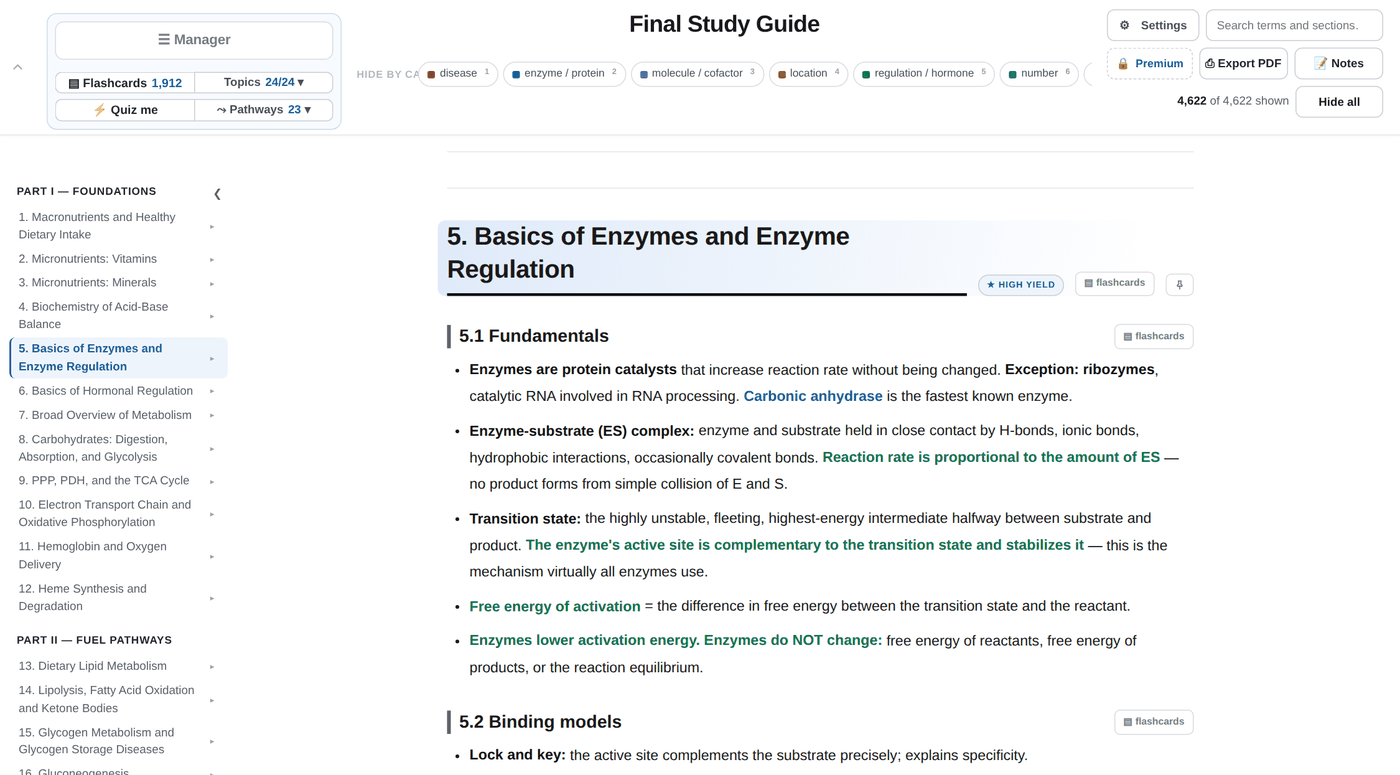 An interactive Astrocram study guide with a colour-coded topic section, a section outline down the left, and header controls for flashcards, pathways, search and notes