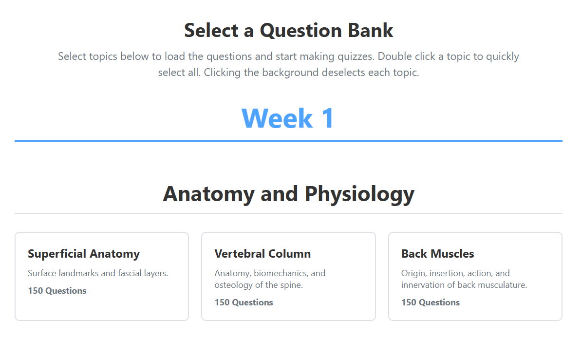 Browse the question bank library organized by week and subject