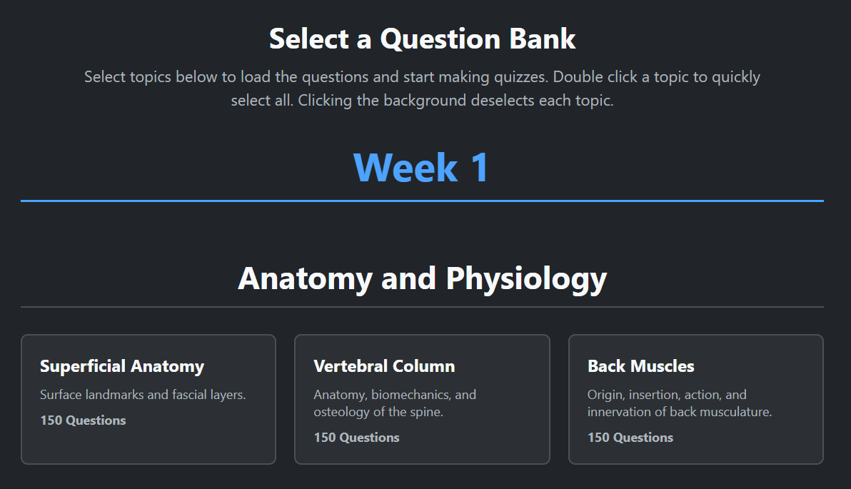 Browse the question bank library organized by week and subject